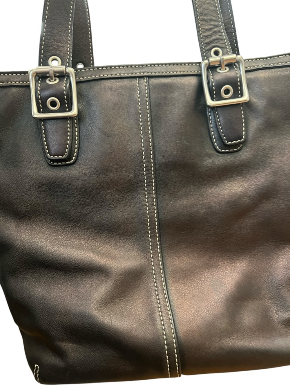 Coach Vintage Hampton Brown Bronze Leather Contrast Stitch Buckle Shoulder Tote - Picture 7 of 13
